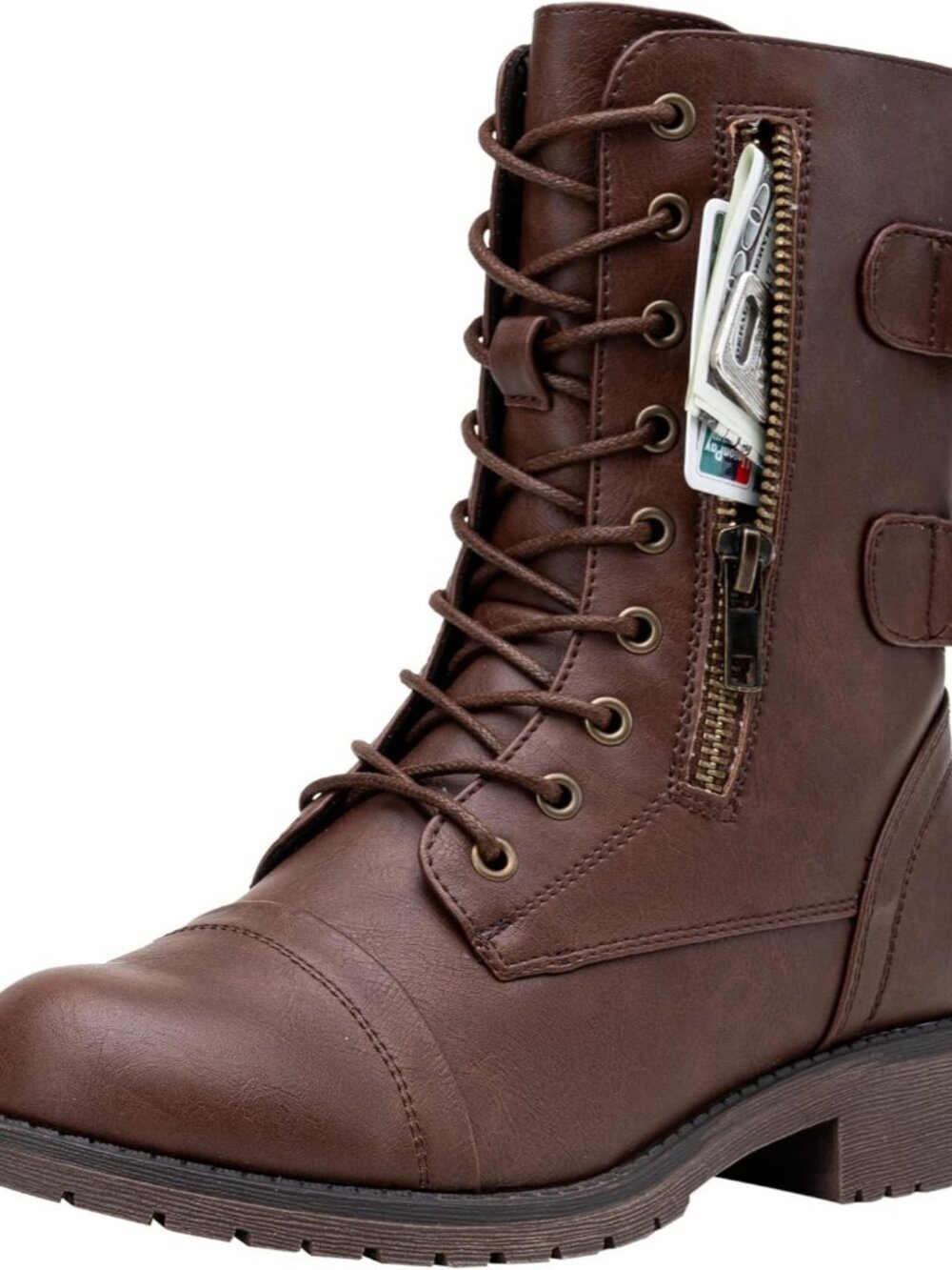 Women's Chocolate Boots Low Heel Mid Calf Military Boots with Card Knife